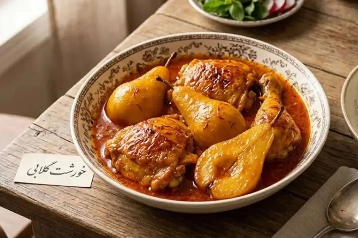 خورشت گلابی با مرغ؛ طعم‌های میوه‌ای و زعفرانی در یک بشقاب