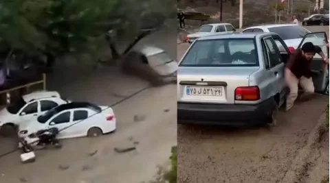 سیلاب در عظیمیه کرج، خودروها را به کام خود کشید